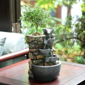 4 bowl indoor rockery tabletop fountain with plant pot & automatic watering