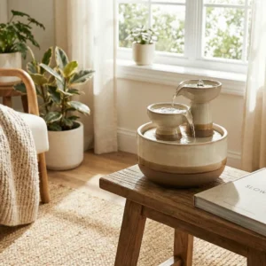 modern tabletop water fountain on a living room side table