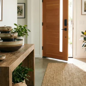 tabletop fountain placed on an entryway console table for feng shui.
